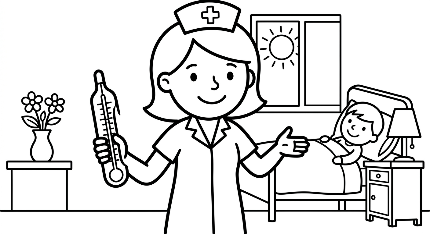 Nurse coloring page with simple line drawing, free printable activity for toddlers and preschoolers ages 2-5