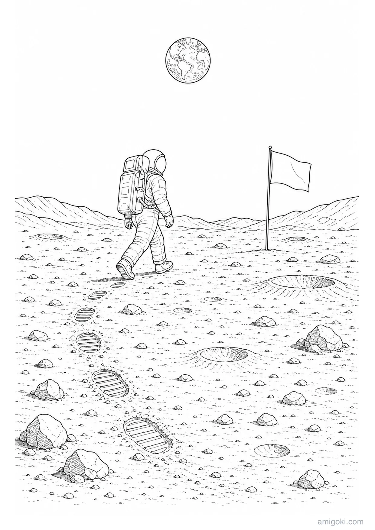 Astronaut on the Moon Coloring Page to Print Free