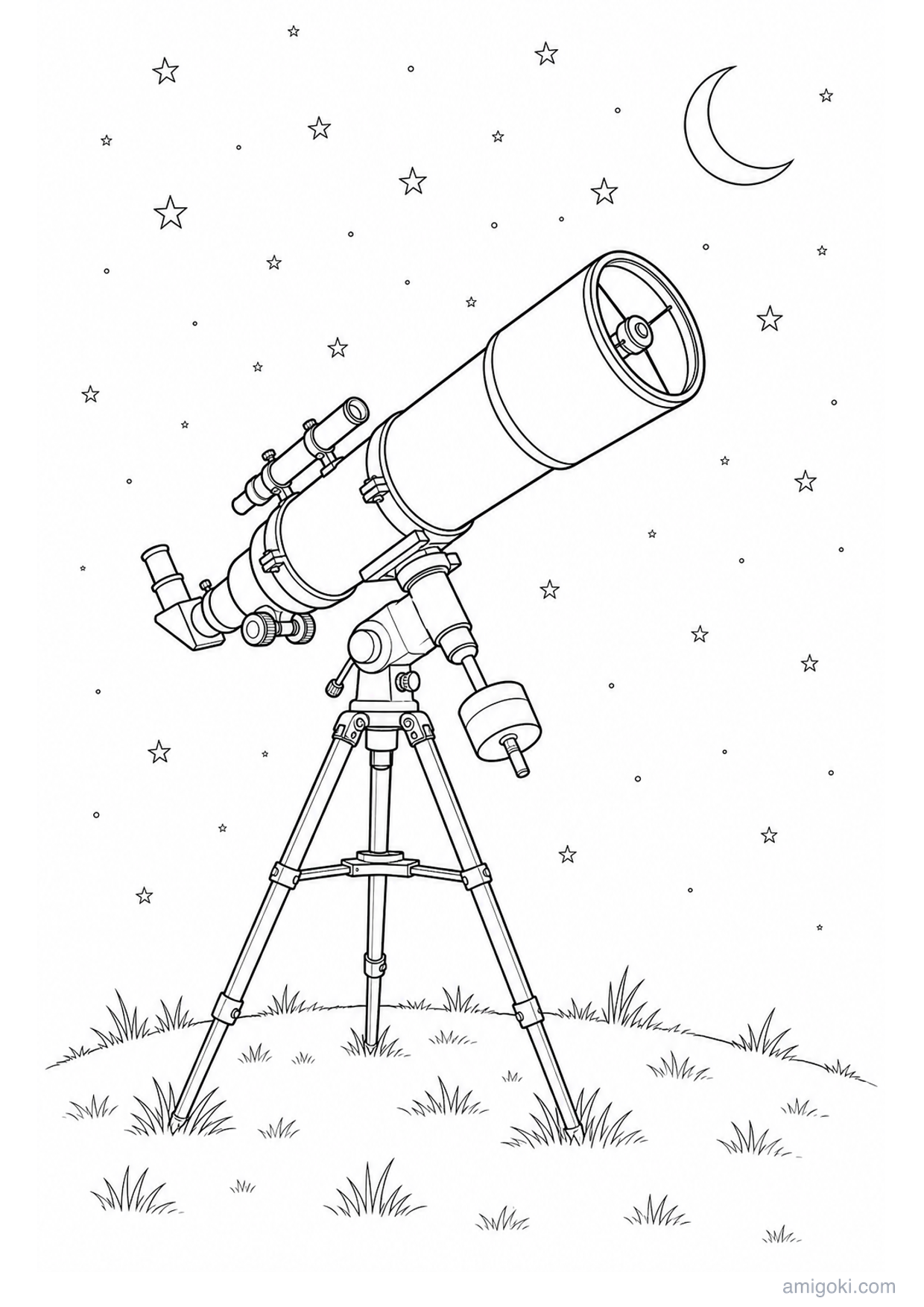 Telescope Under the Stars Coloring Page to Print Free