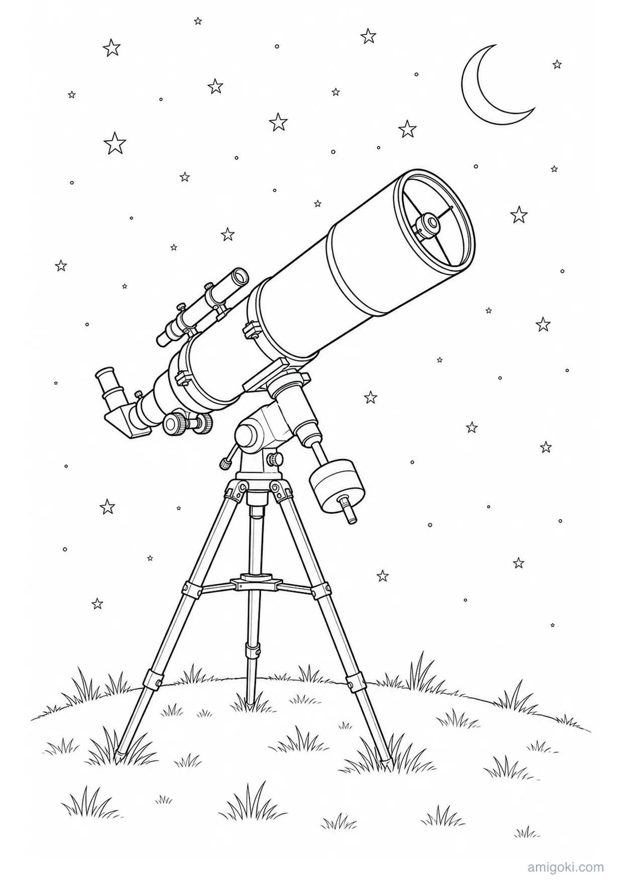 Telescope Under the Stars Coloring Page to Print Free