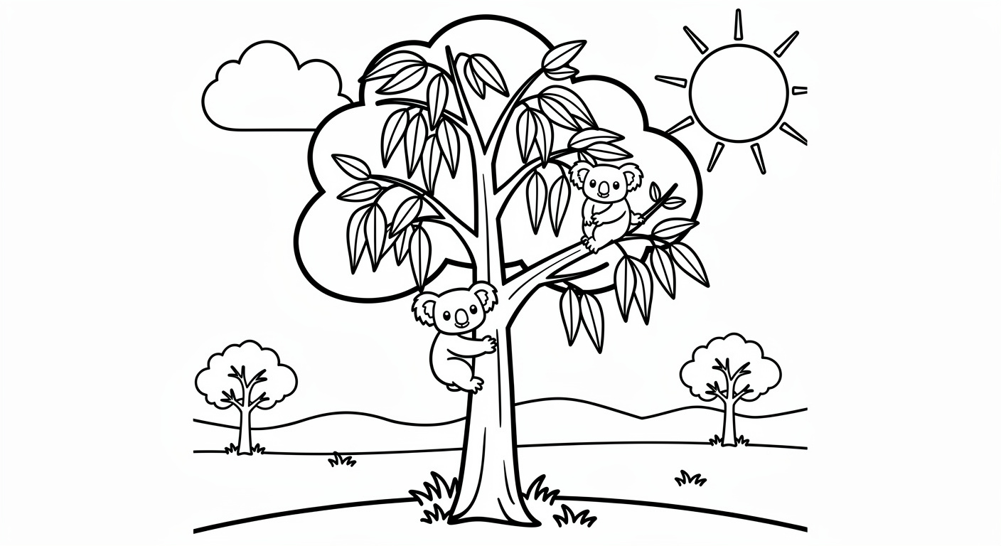 Dessin d'eucalyptus avec koala à colorier, activité gratuite imprimable pour enfants préscolaires et petits