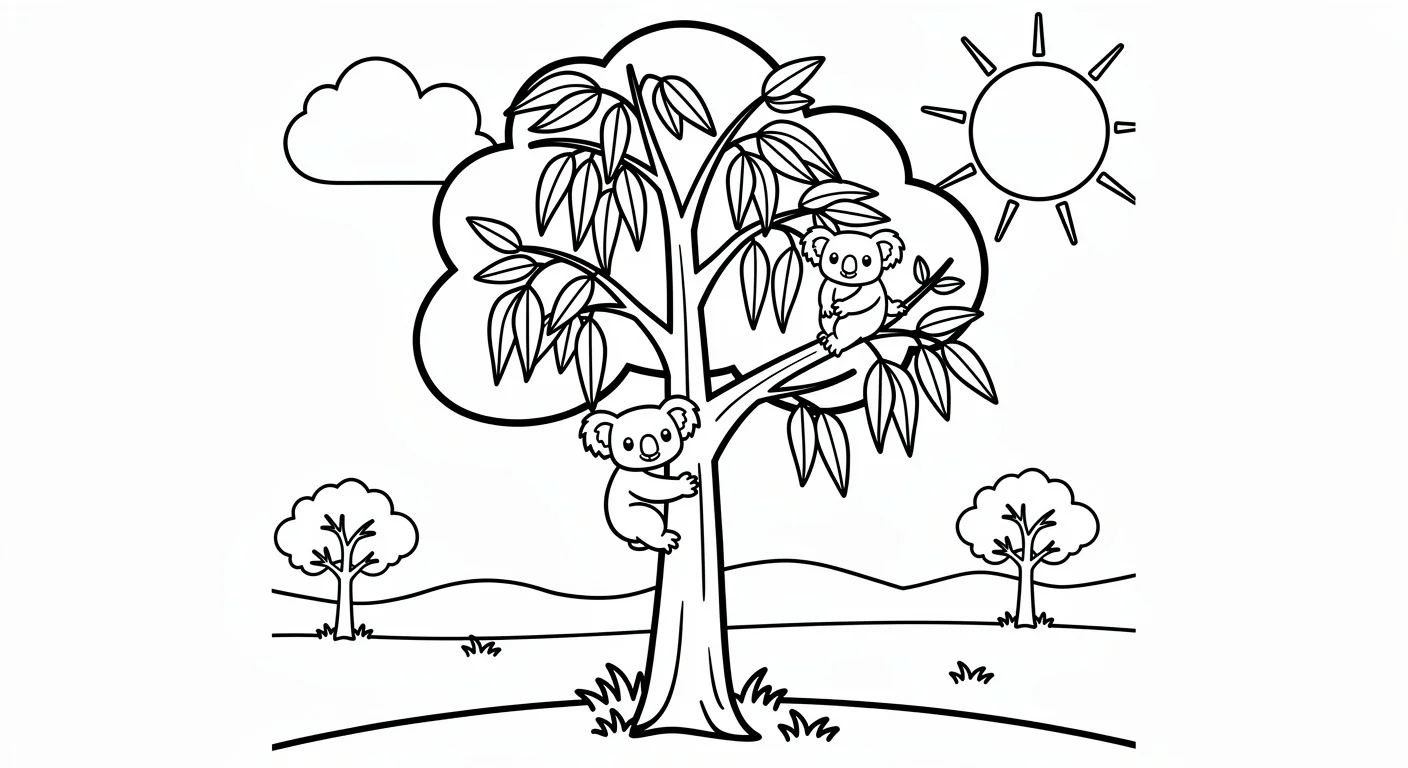 Dibujo de Eucalipto en parque con koala para Colorear
