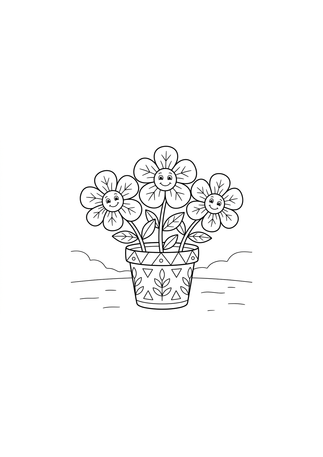 Flowers in pot coloring page for kids ages 2-5, free printable drawing activity