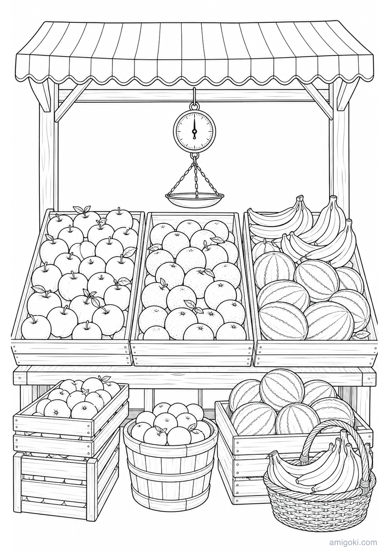 Fruit Market Stall Coloring Page to Print Free