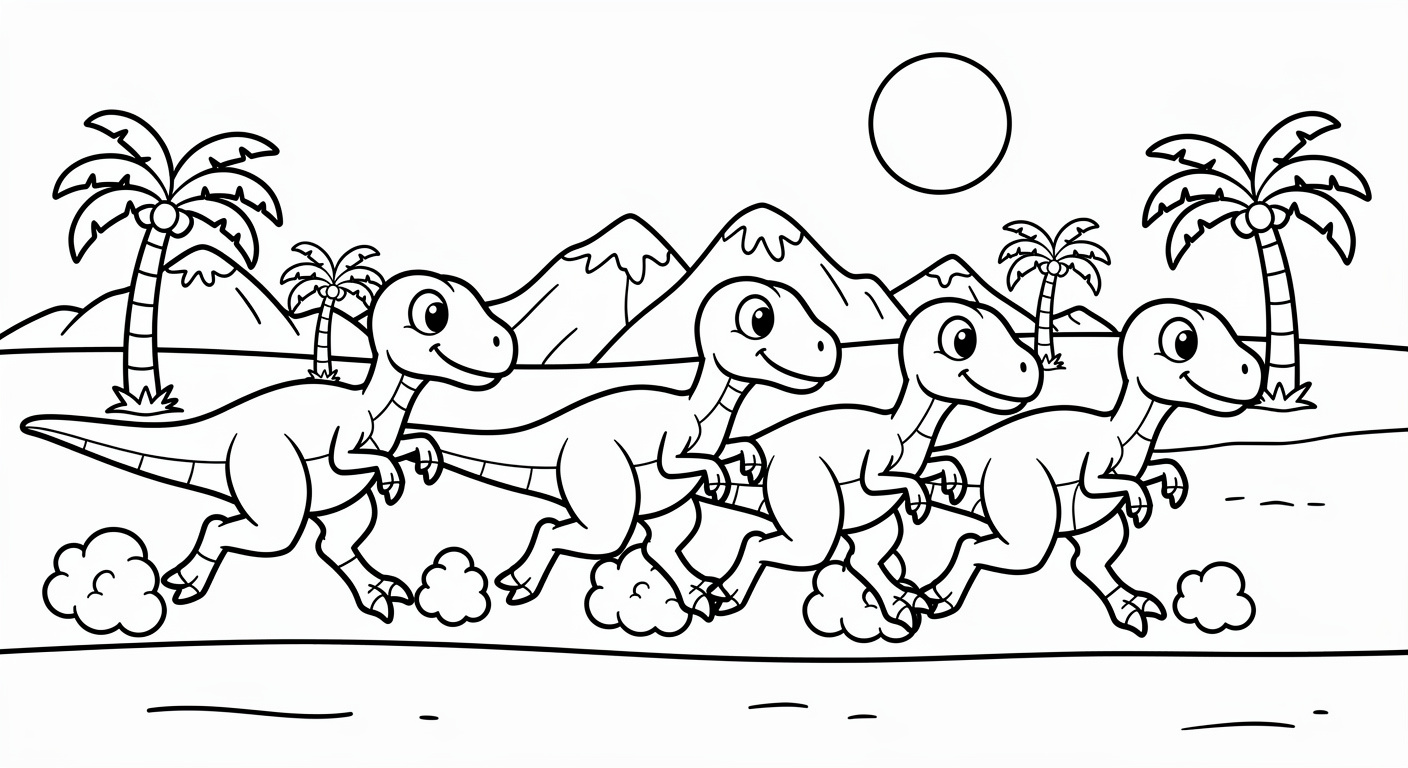 Gallimimus running in desert coloring page, free printable dinosaur drawing for young kids
