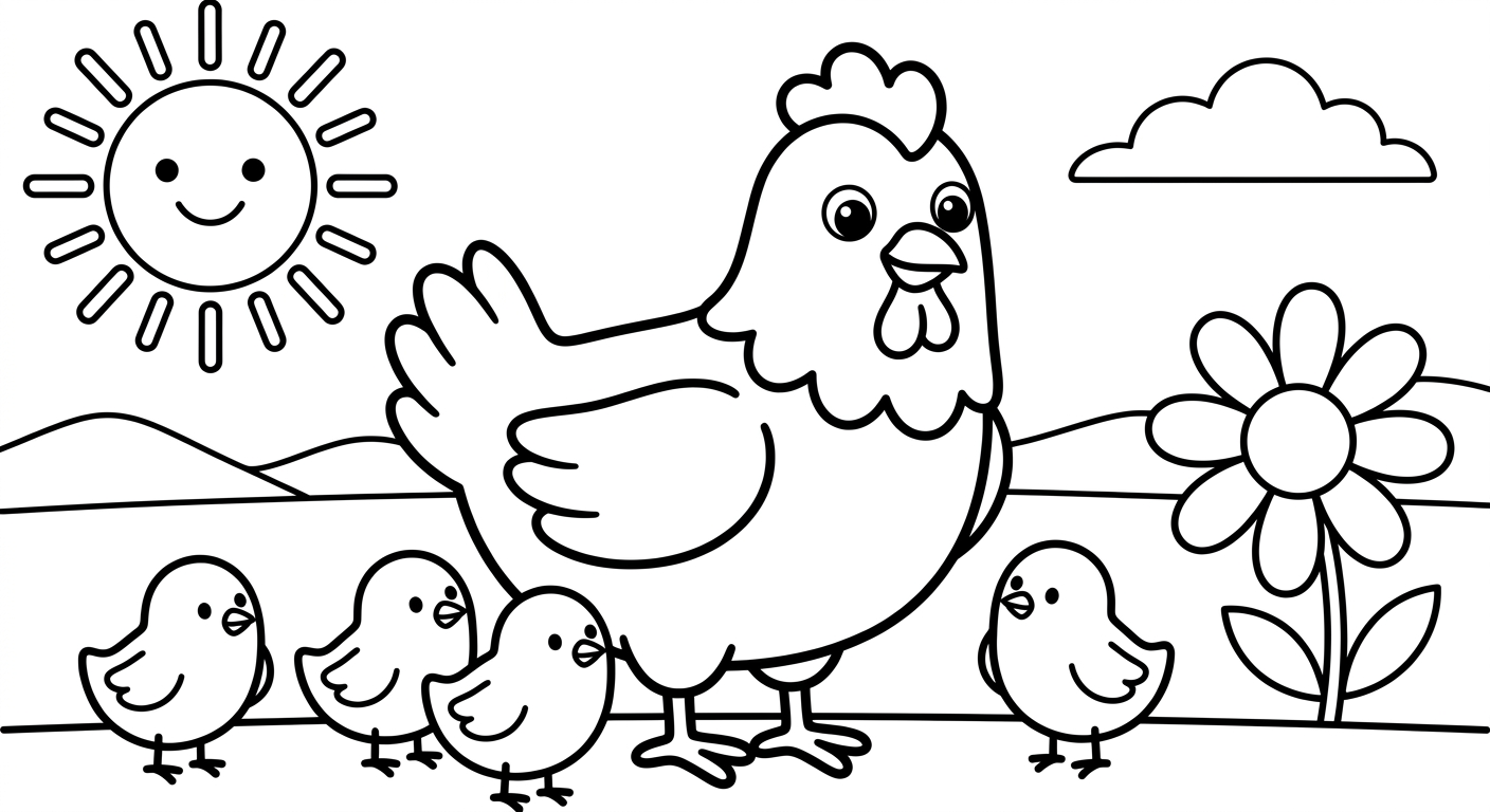 Desenho de galinha com pintinhos para colorir, imprimível grátis para crianças de 2 a 5 anos