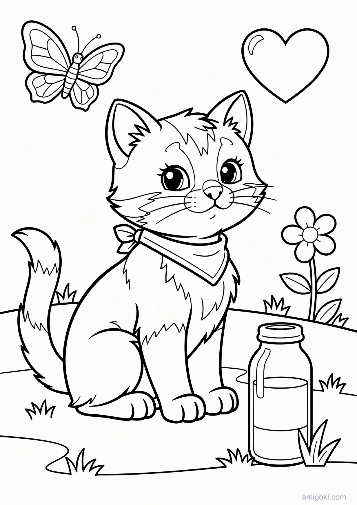 Baby kitten coloring page printable and free, fun drawing for kids ages 5-8 years old