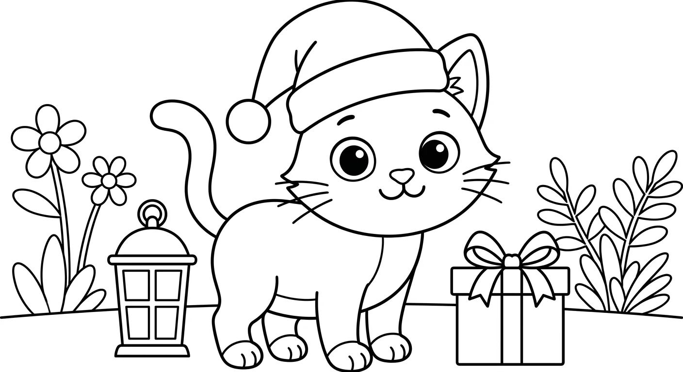 Petit Chaton avec Bonnet de Noël à Colorier pour Enfants de 2 à 5 Ans