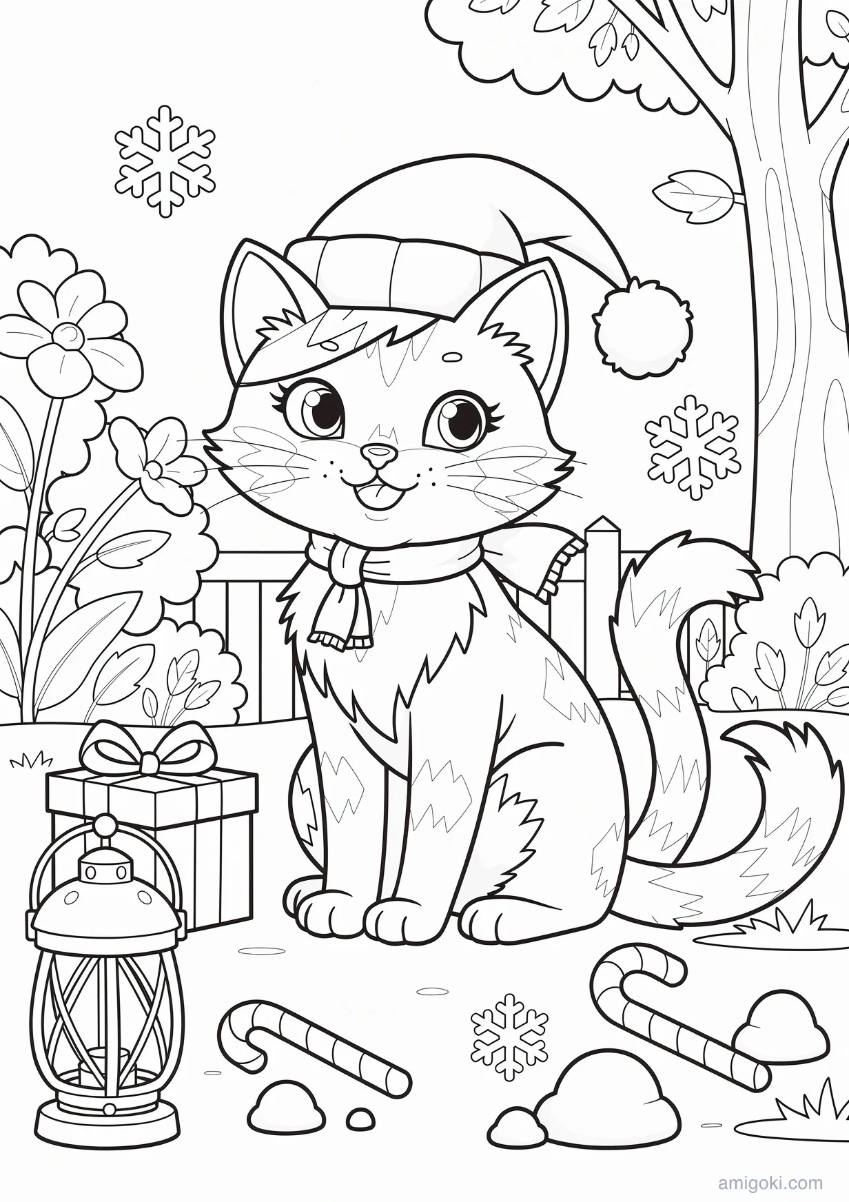 Cute Kitten with Christmas Hat Coloring Page for Ages 6+