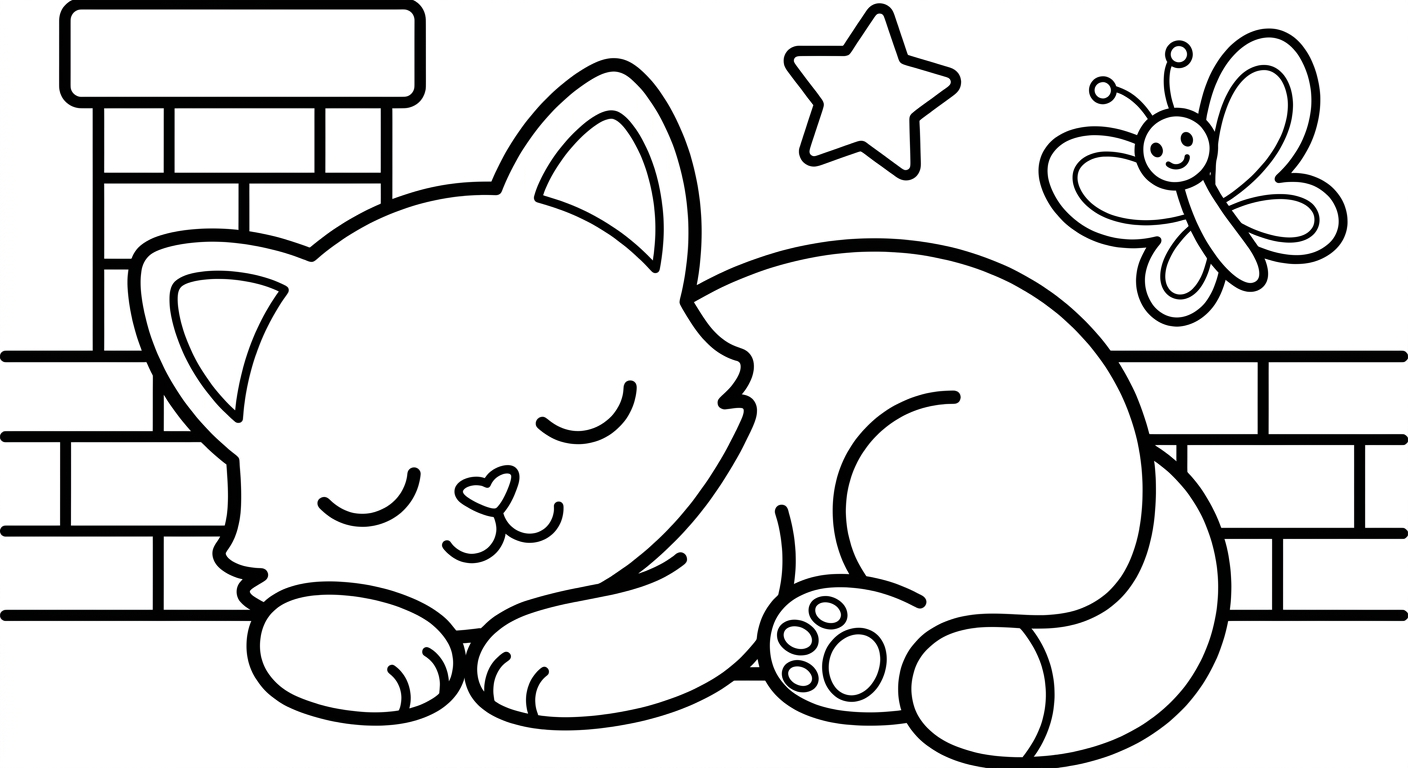 Sleeping kitten coloring page, free printable drawing for kids ages 2-5
