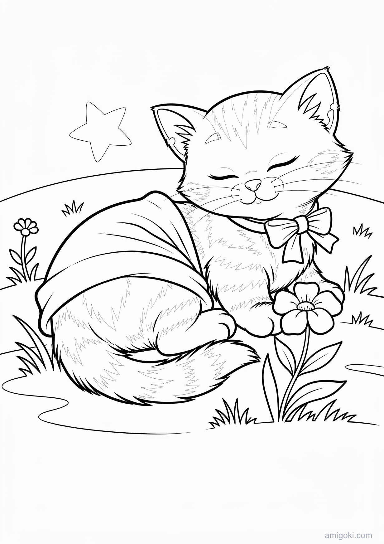 Sleeping kitten coloring page, free printable drawing for kids ages 5-8