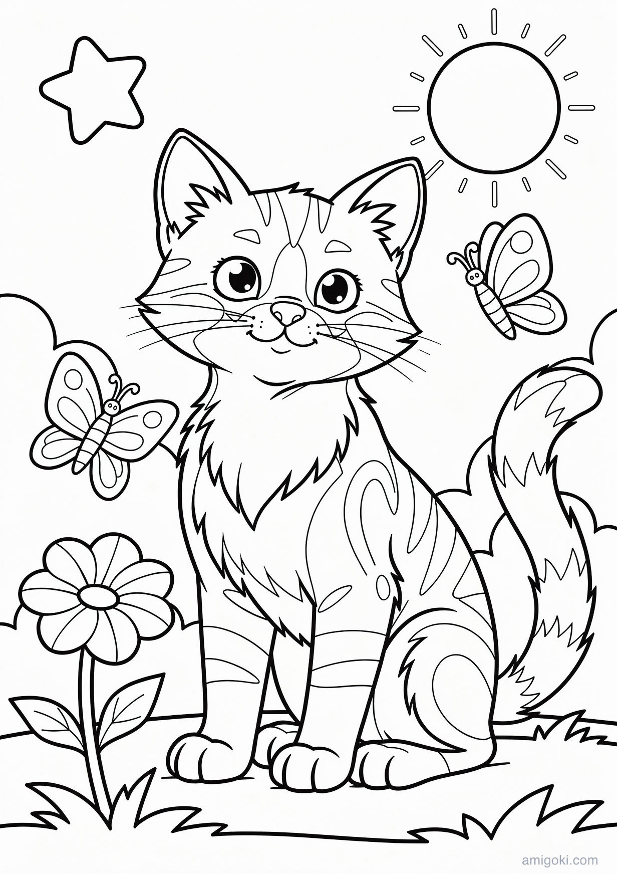 Cute kitten coloring page for kids, free printable drawing for ages 5-8
