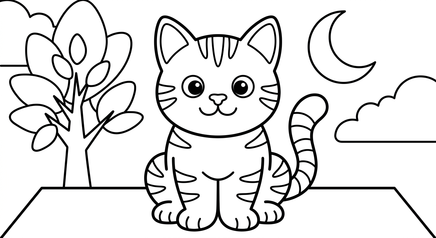 Desenho de gato tigrado para colorir grátis, imprimível em PDF para crianças de 2 a 5 anos