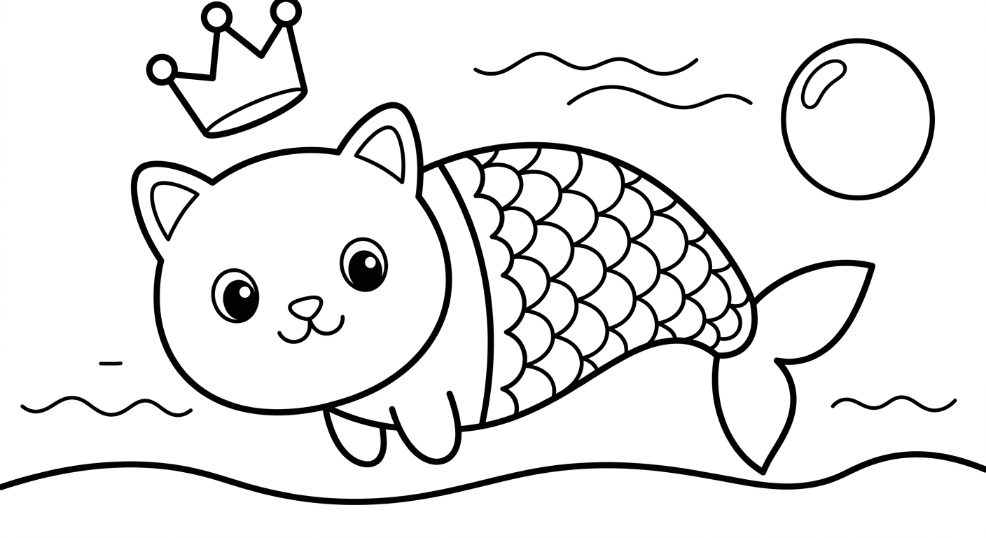 Desenho de gato com cauda de sereia para colorir grátis e imprimível para crianças de 2 a 5 anos