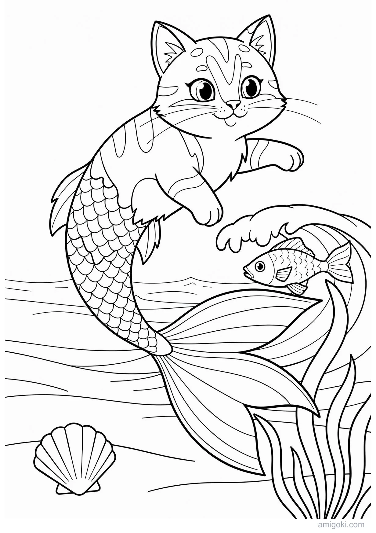 Dibujo de Gato cola de sirena para Colorear para Mayores de 6 Años