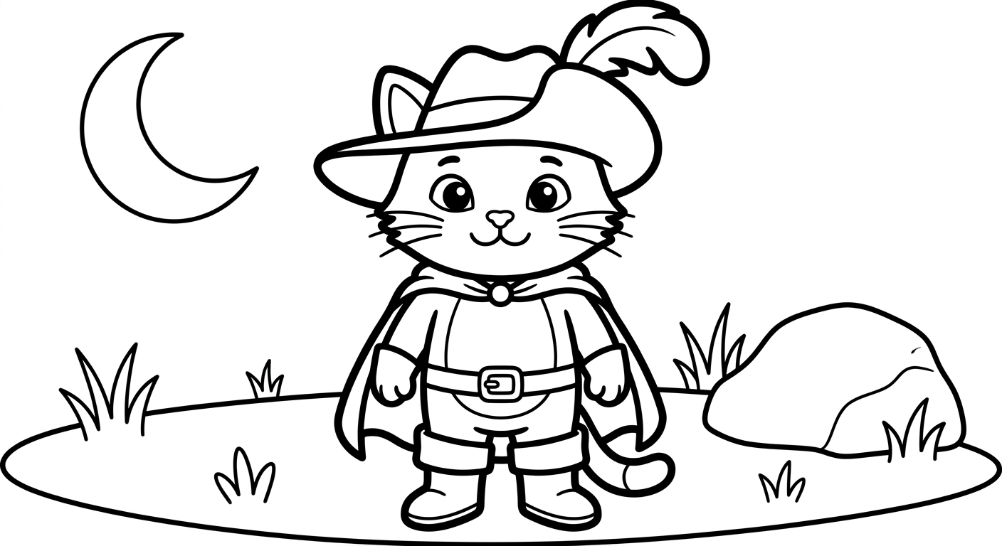 Desenho de gato com botas para colorir grátis, imprimível PDF para crianças de 2 a 5 anos