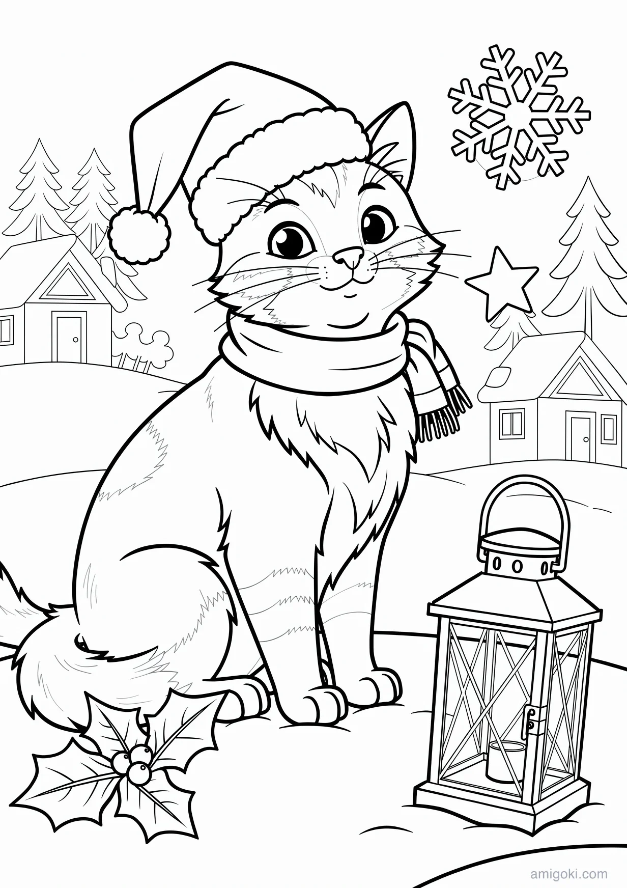 Christmas Cat Drawing to Color for Kids Ages 6+