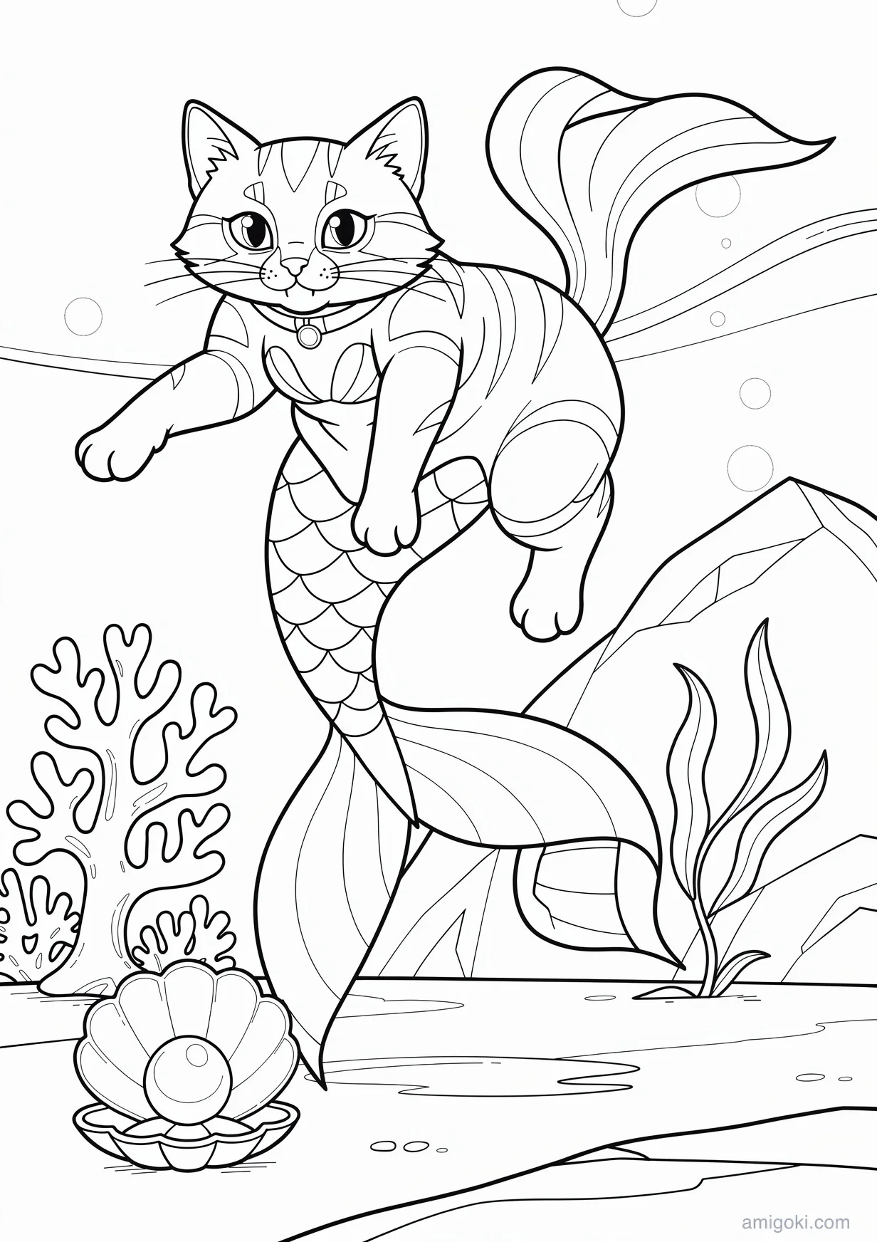 Mermaid Cat Coloring Page for Ages 6 and Up