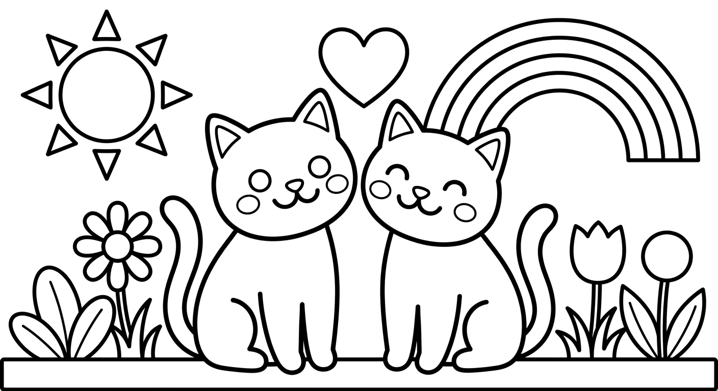 Cute Cats in Love Coloring Pages for Kids Ages 2-5