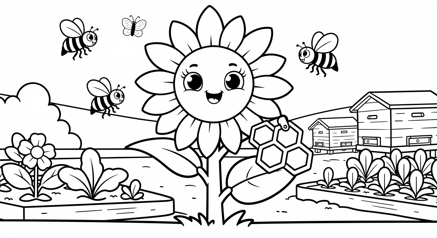 Desenho de girassol com abelha para colorir, atividade infantil imprimível grátis