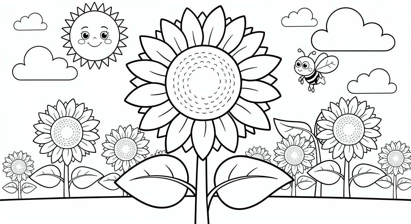Desenho de girassol com sol para colorir, atividade educativa e gratuita para crianças