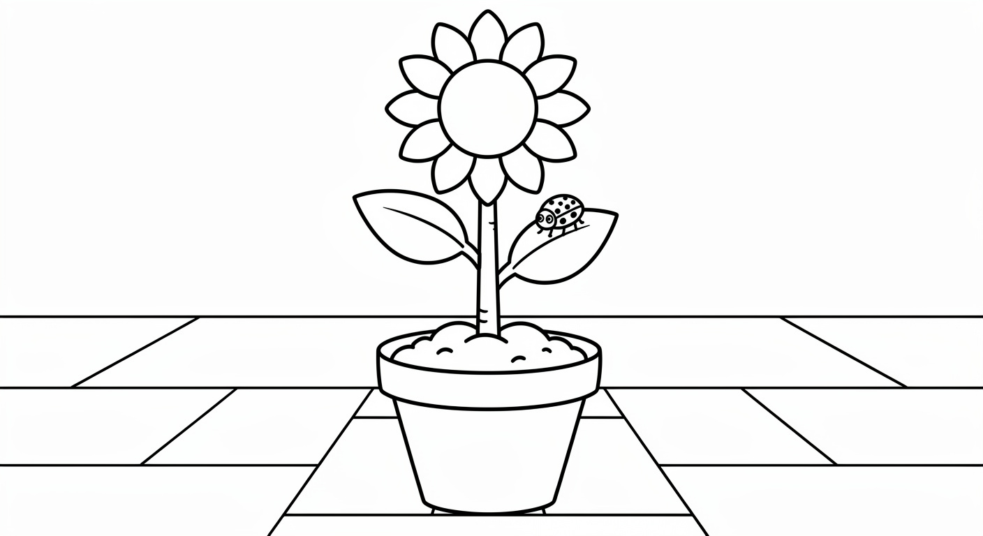 Desenho de girassol em vaso para colorir, atividade gratuita e imprimível para crianças pequenas
