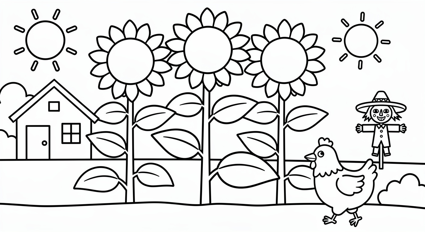 Desenho de girassóis na horta para colorir grátis, imprimível para crianças