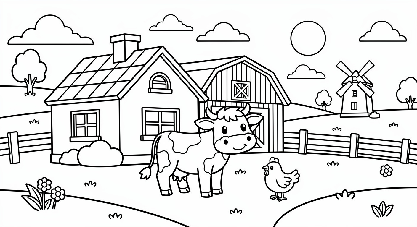 Dessin de ferme à colorier gratuit, PDF imprimable pour enfants avec animaux et paysage champêtre
