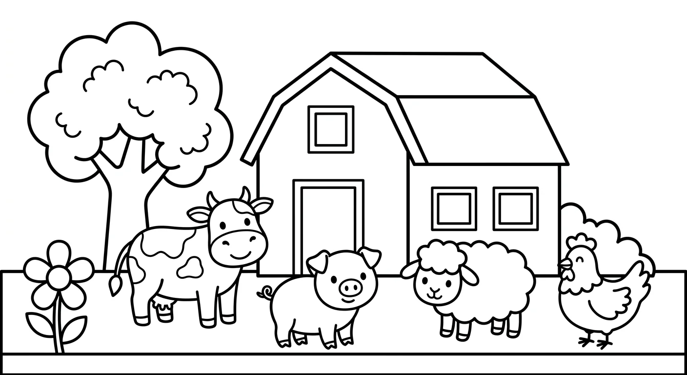 Dibujo de Granja completa con animales para Colorear para Niños de 2 a 5 Años