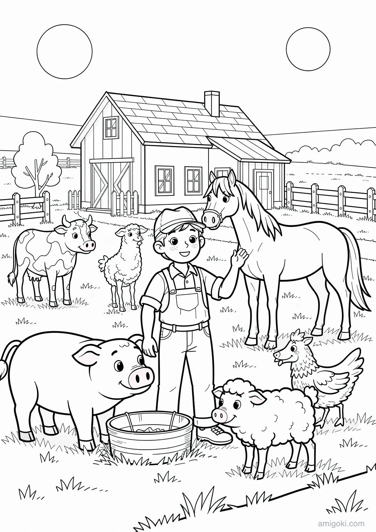 Cena de Fazenda Completa com Animais para Colorir para Maiores de 6 Anos
