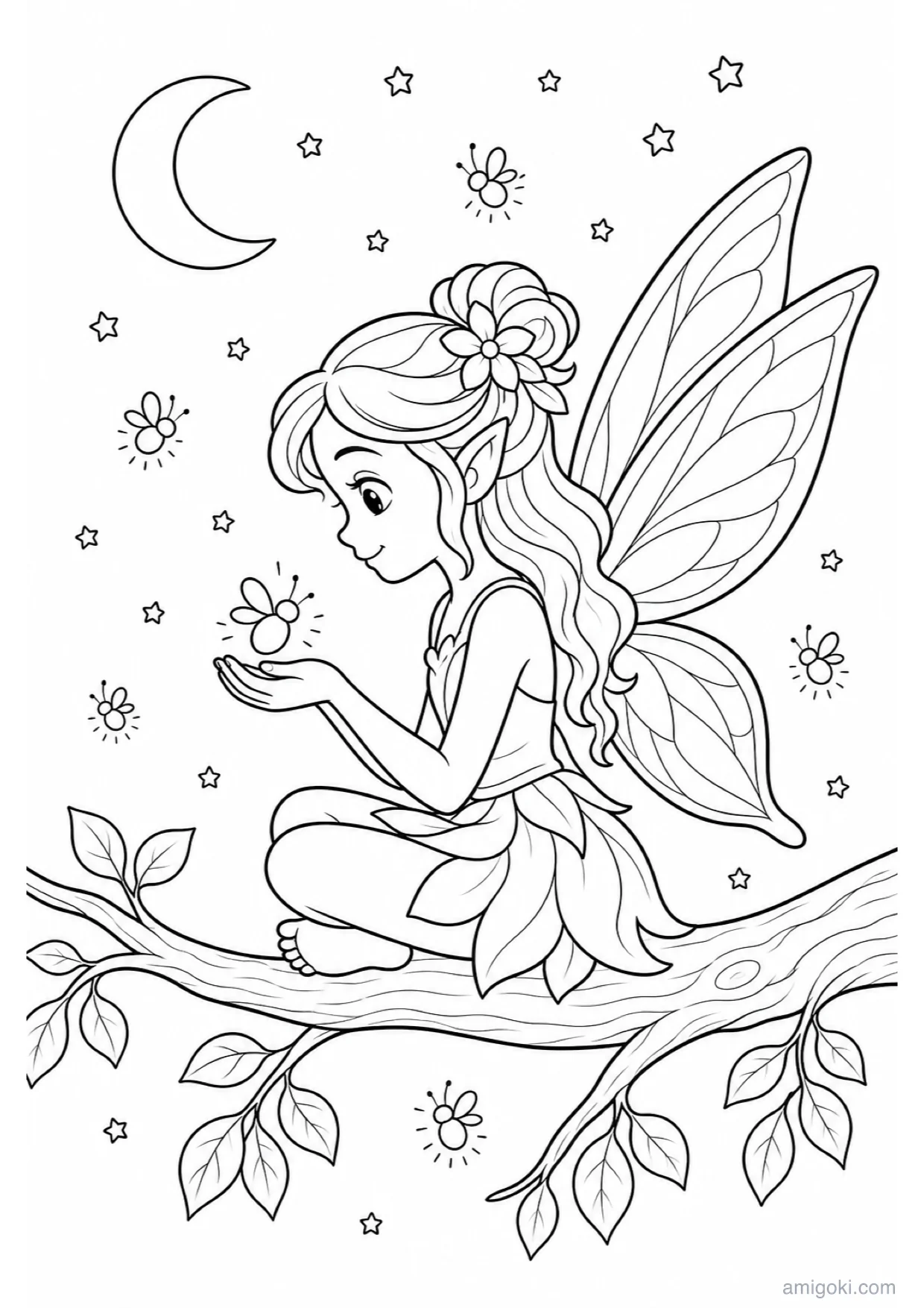 Fairy with Fireflies Coloring Page to Print Free