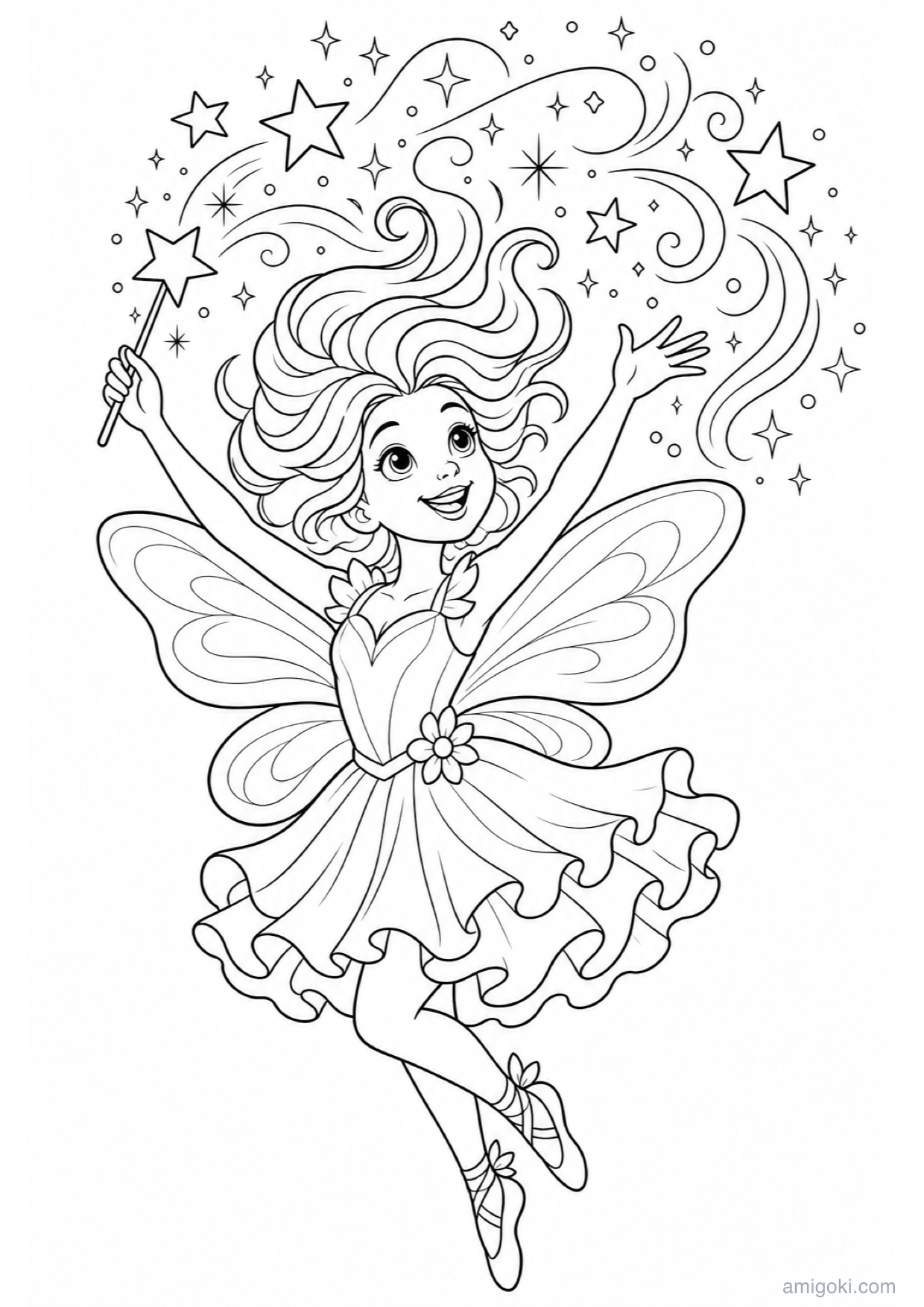 Fairy with Magic Wand Coloring Page to Print Free