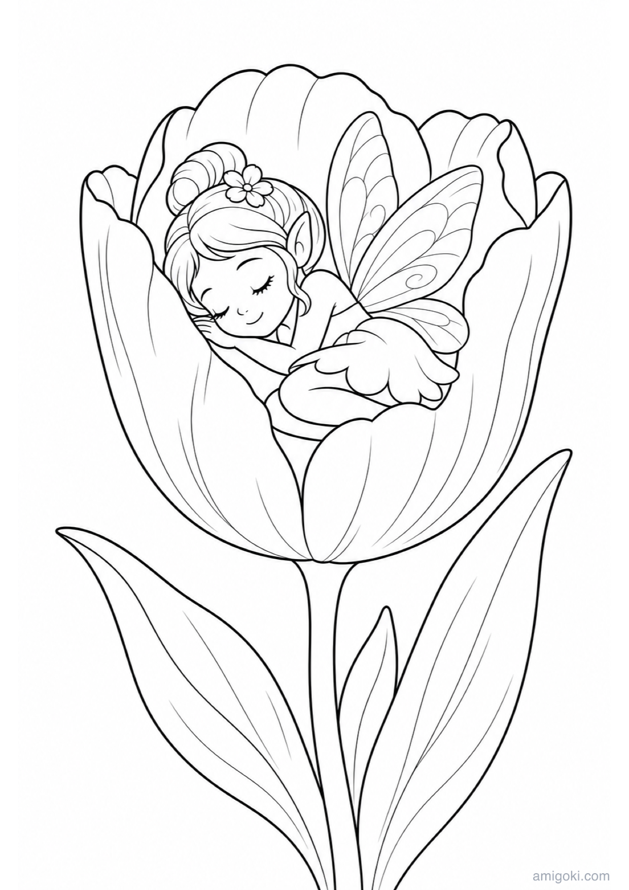 Sleeping Fairy in a Flower Coloring Page to Print Free
