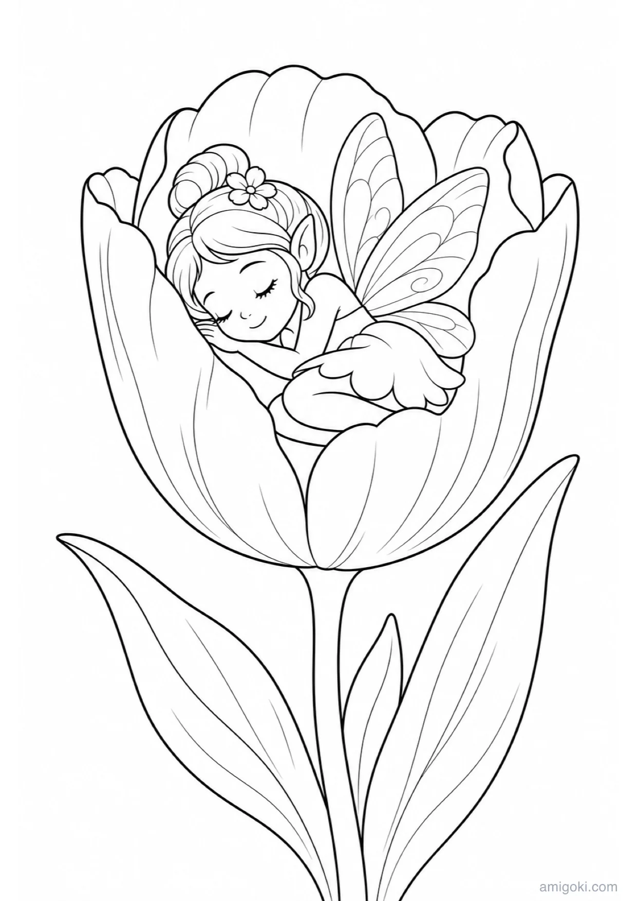 Sleeping Fairy in a Flower Coloring Page to Print Free