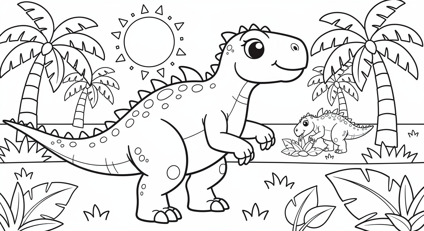 Iguanodon coloring page in grassland with palm trees, free printable drawing for kids