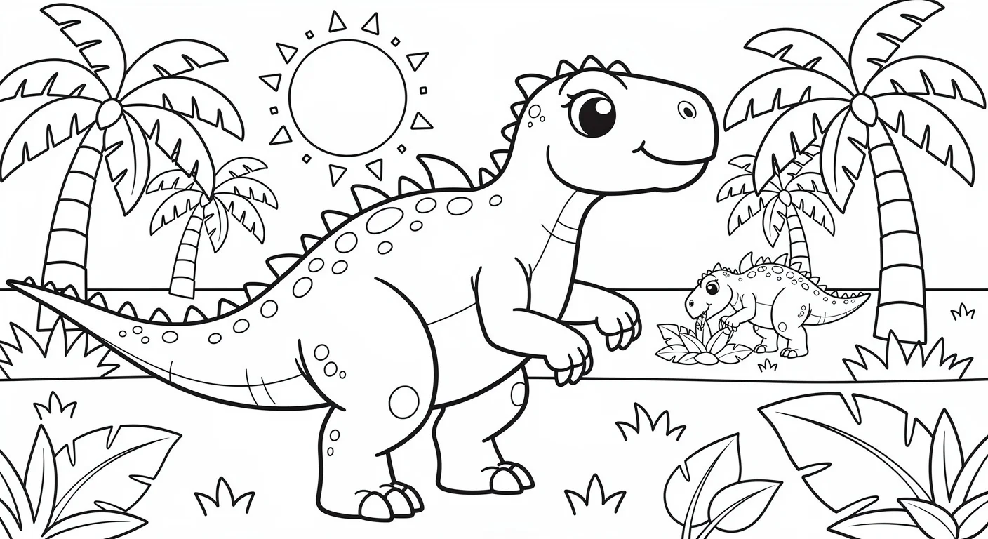 Iguanodon in meadow with palm trees Coloring Page
