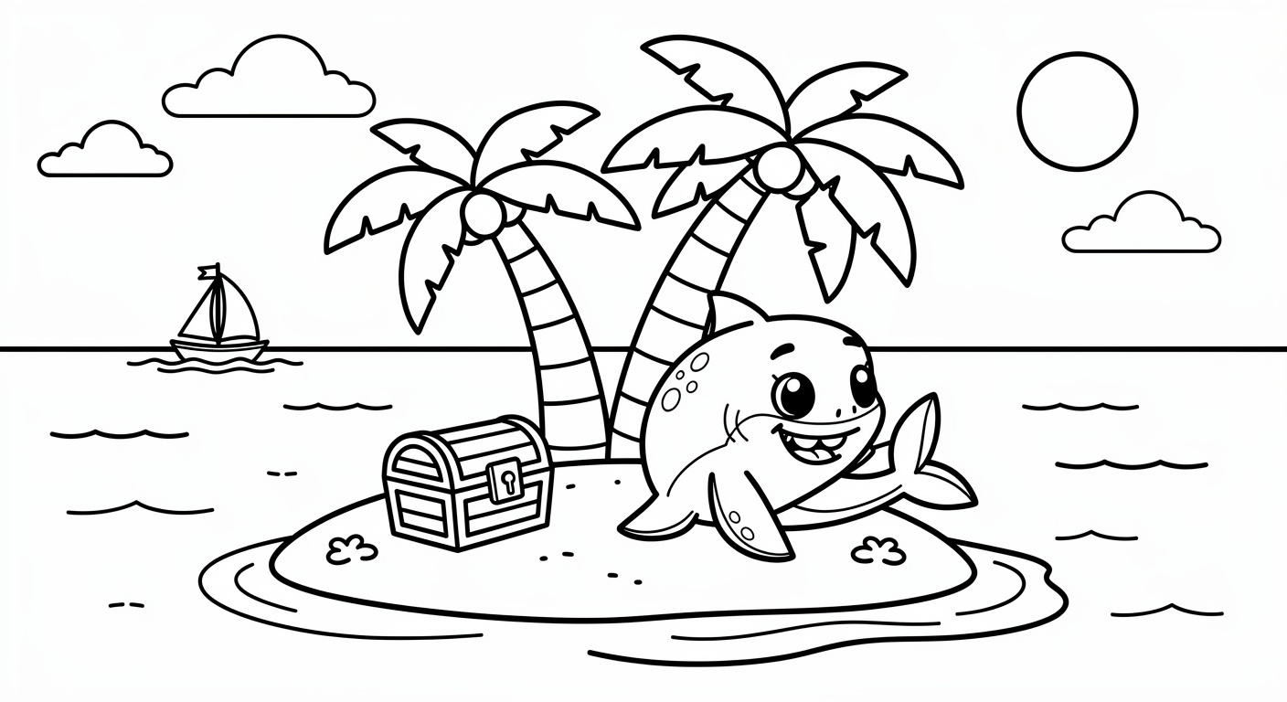 Dessin d'île à colorier gratuit, imprimable en PDF pour les enfants avec palmiers et plage