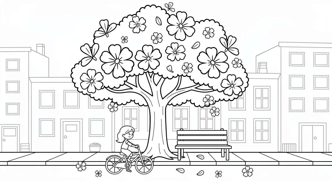 Dessin de jacaranda sur avenue à colorier, page imprimable gratuite pour enfants