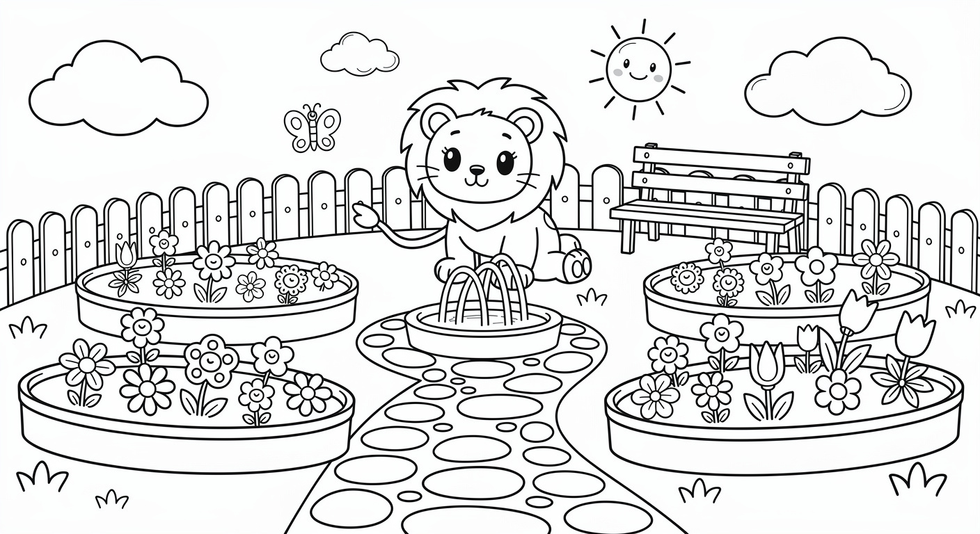 Dessin de jardin à colorier gratuit, imprimable en PDF pour petits enfants avec fleurs et plantes