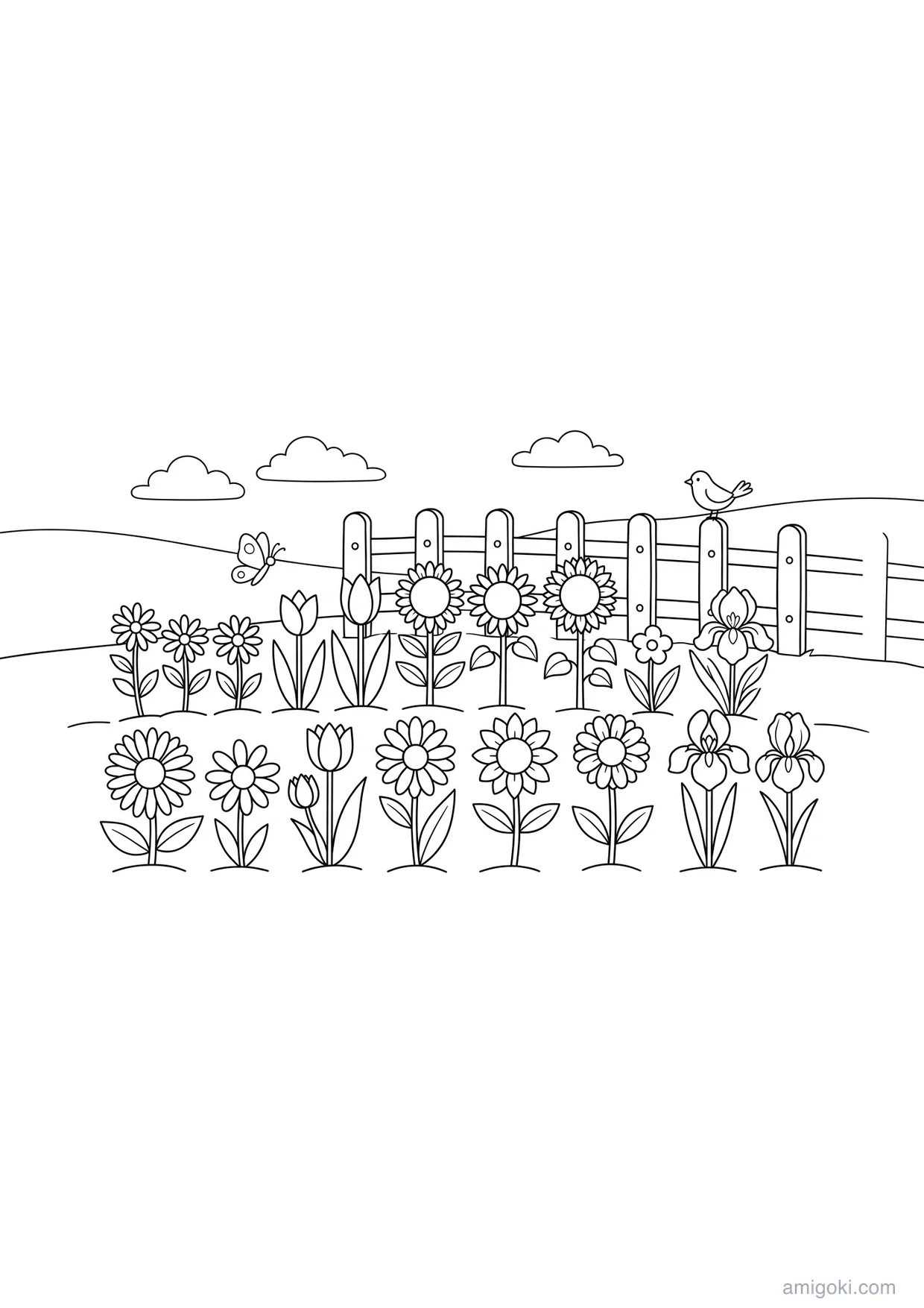 Dessin Détaillé de Jardin de Fleurs à Colorier pour Enfants de 6 Ans et Plus