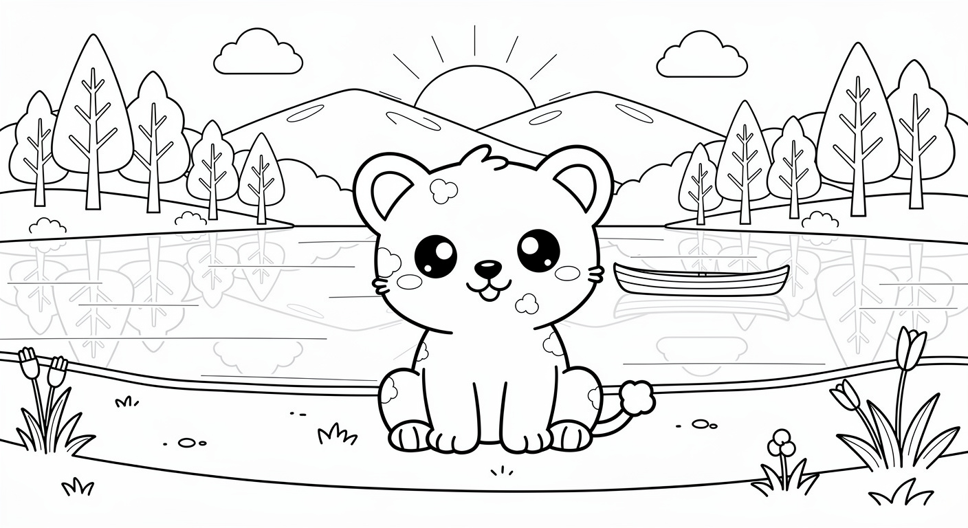 Free lake coloring page for kids, printable simple nature landscape drawing for toddlers