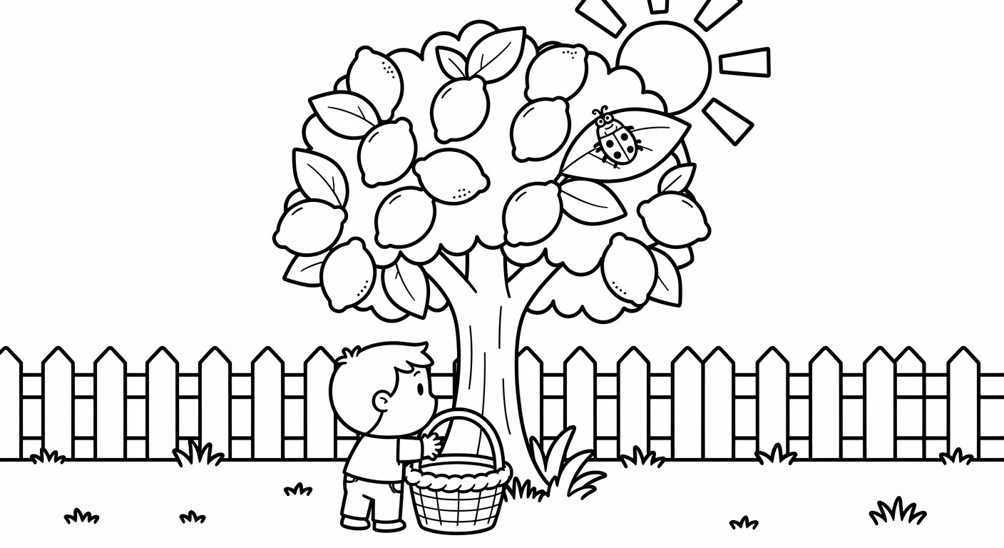 Dessin de citronnier au jardin à colorier, image gratuite et imprimable pour les jeunes enfants