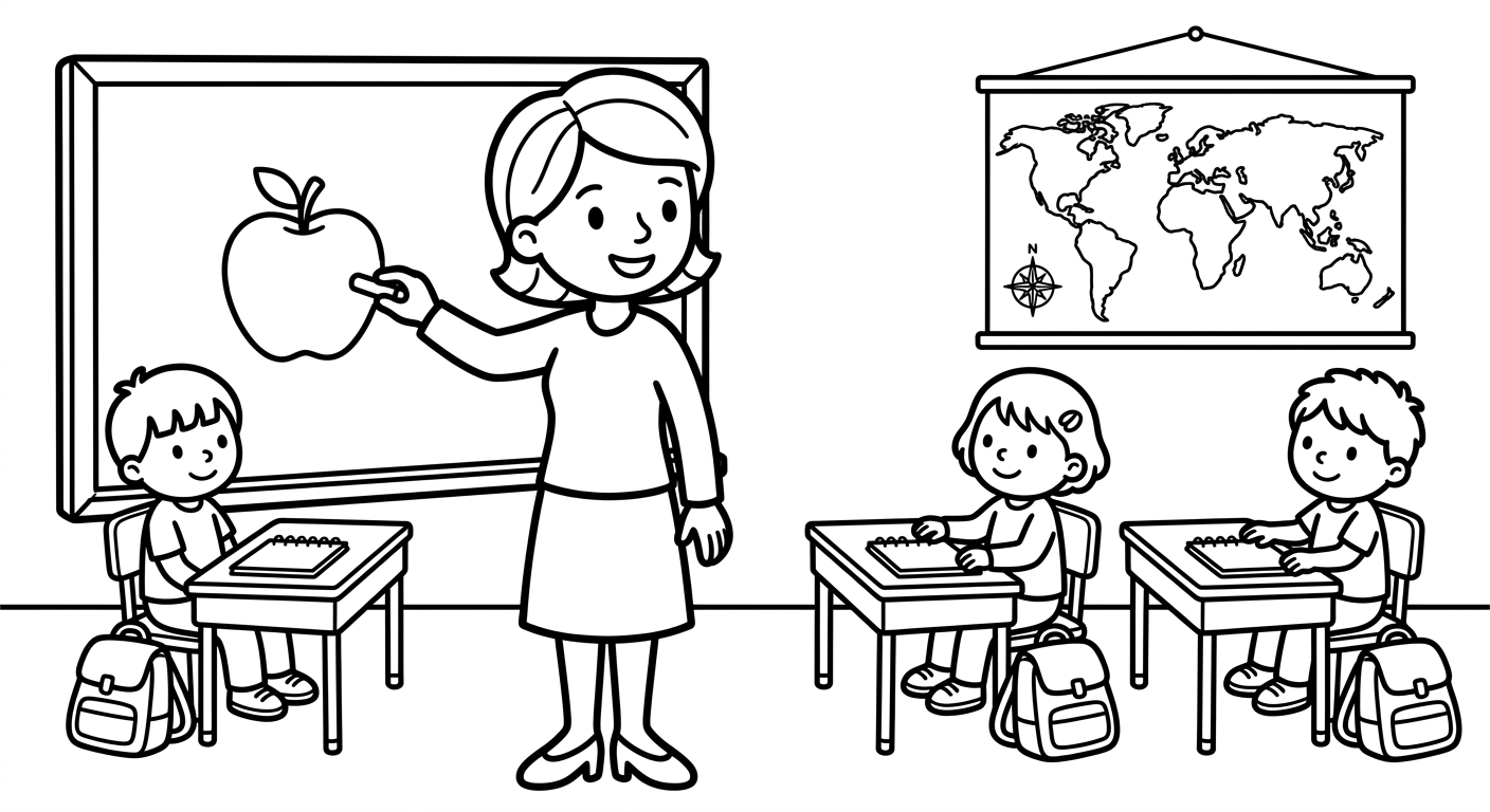 Teacher coloring page for kids, free printable drawing for preschoolers