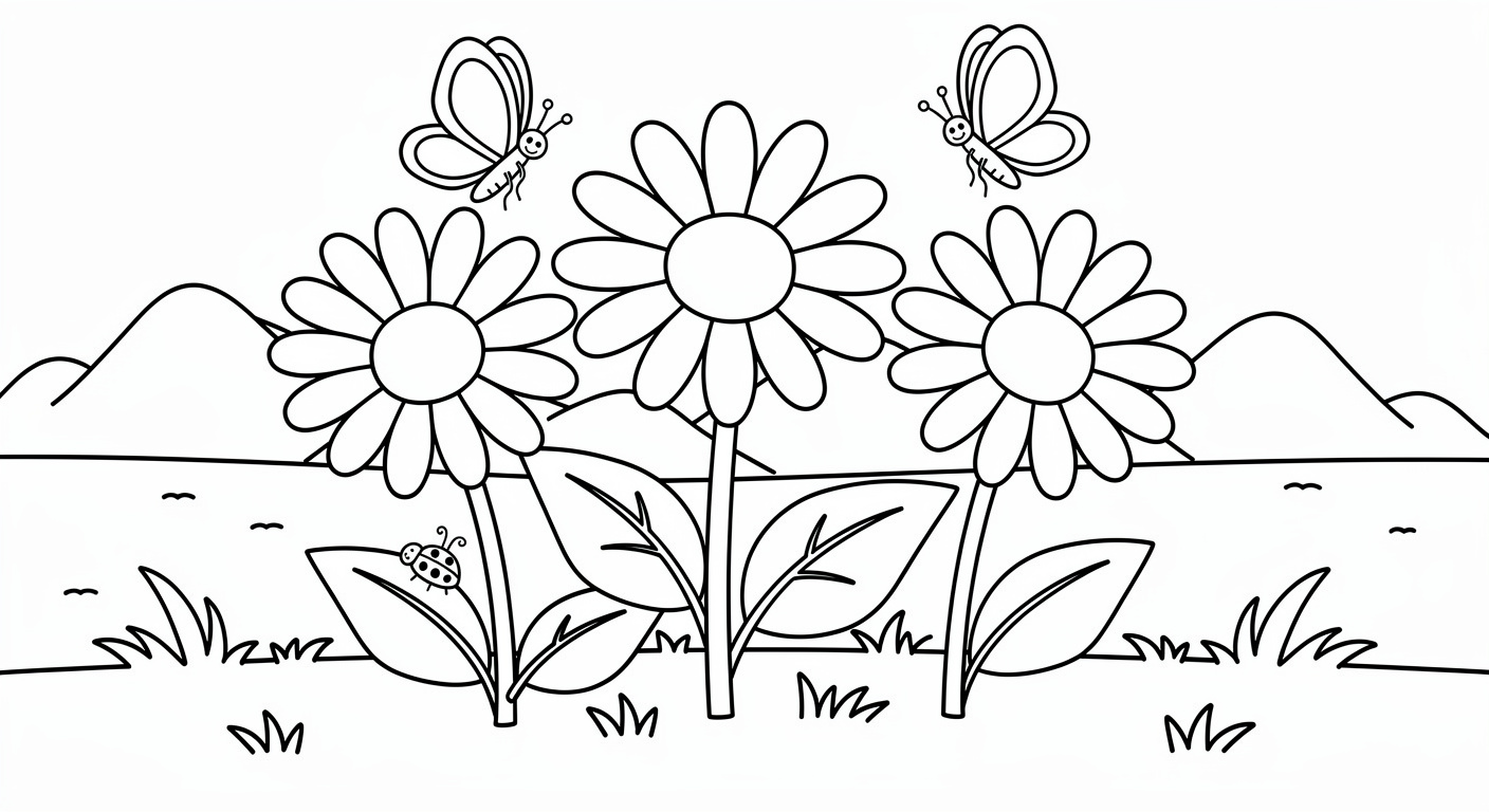 Desenho de margaridas no prado para colorir, atividade gratuita e imprimível para crianças