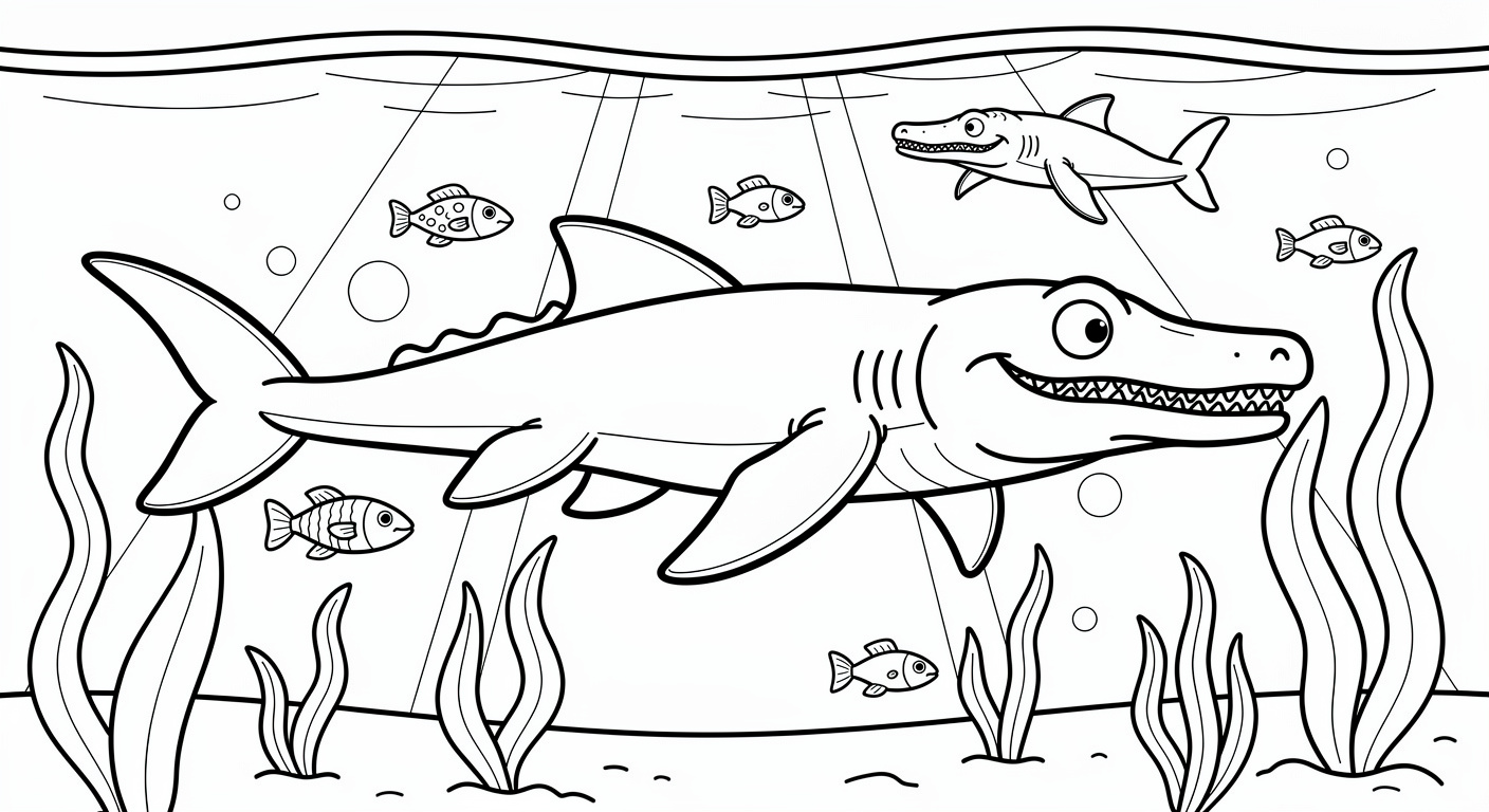 Mosasaur coloring page in prehistoric ocean scene, free printable for kids