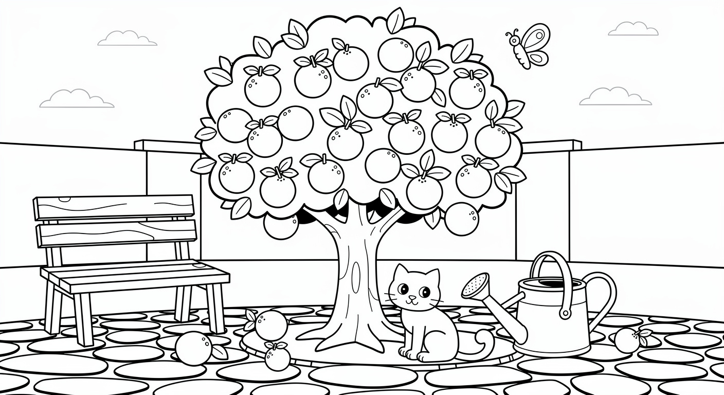 Orange tree coloring page in a backyard scene, free printable for toddlers and kids
