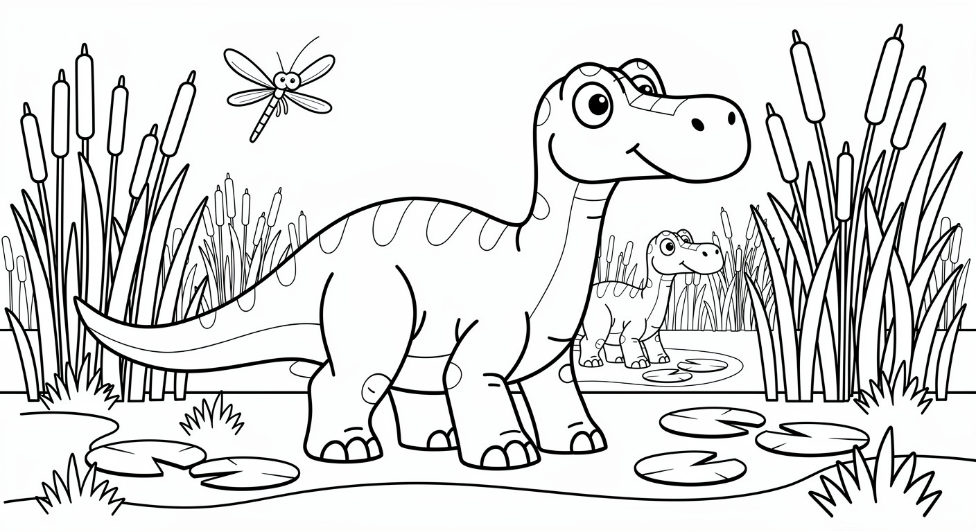 Nigersaurus dinosaur coloring page in swamp scene, free printable drawing for toddlers