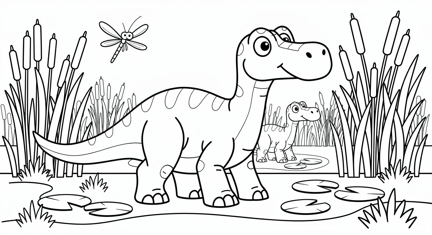 Dessin de Nigersaurus dans le marais à Colorier
