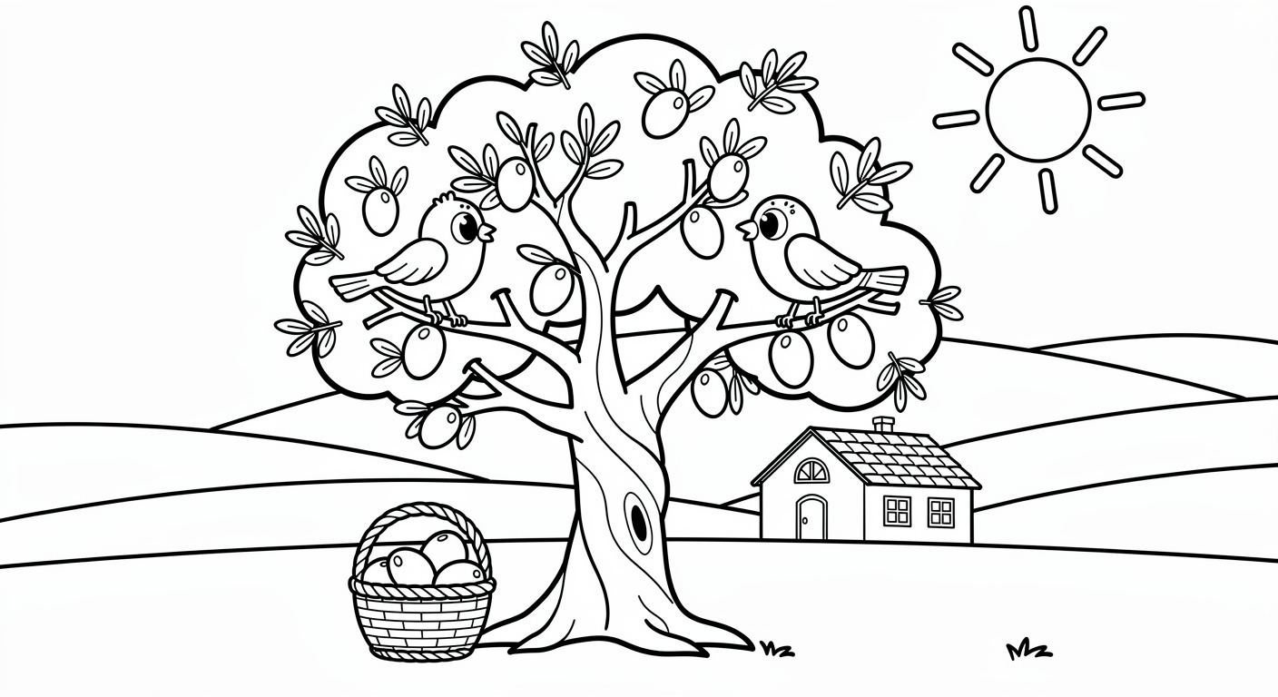 Olive tree coloring page with Mediterranean field scene, free printable for toddlers and preschoolers