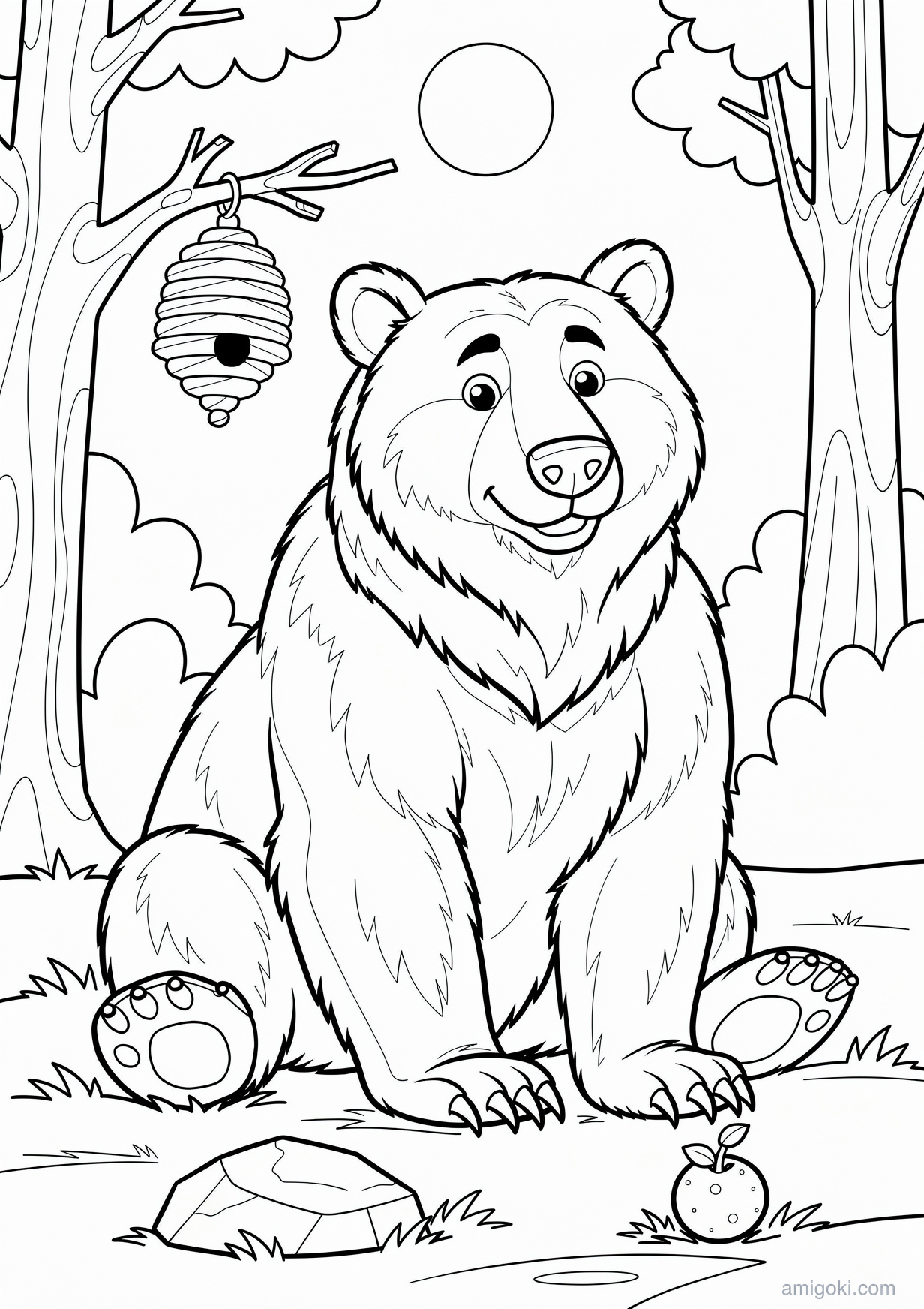 Bear coloring page printable and free PDF for kids ages 5-8, jungle animal drawing